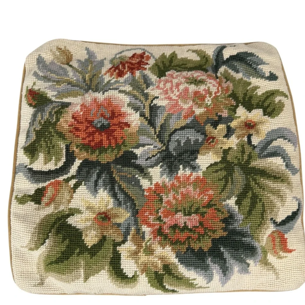 Vintage Floral Needlepoint Pillow Cover Square Gold Velvet Back Cottagecore 14